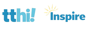The image shows the words tthi! in bold, light blue lowercase letters and Inspire in blue with a yellow sunburst above the p, all on a white background.